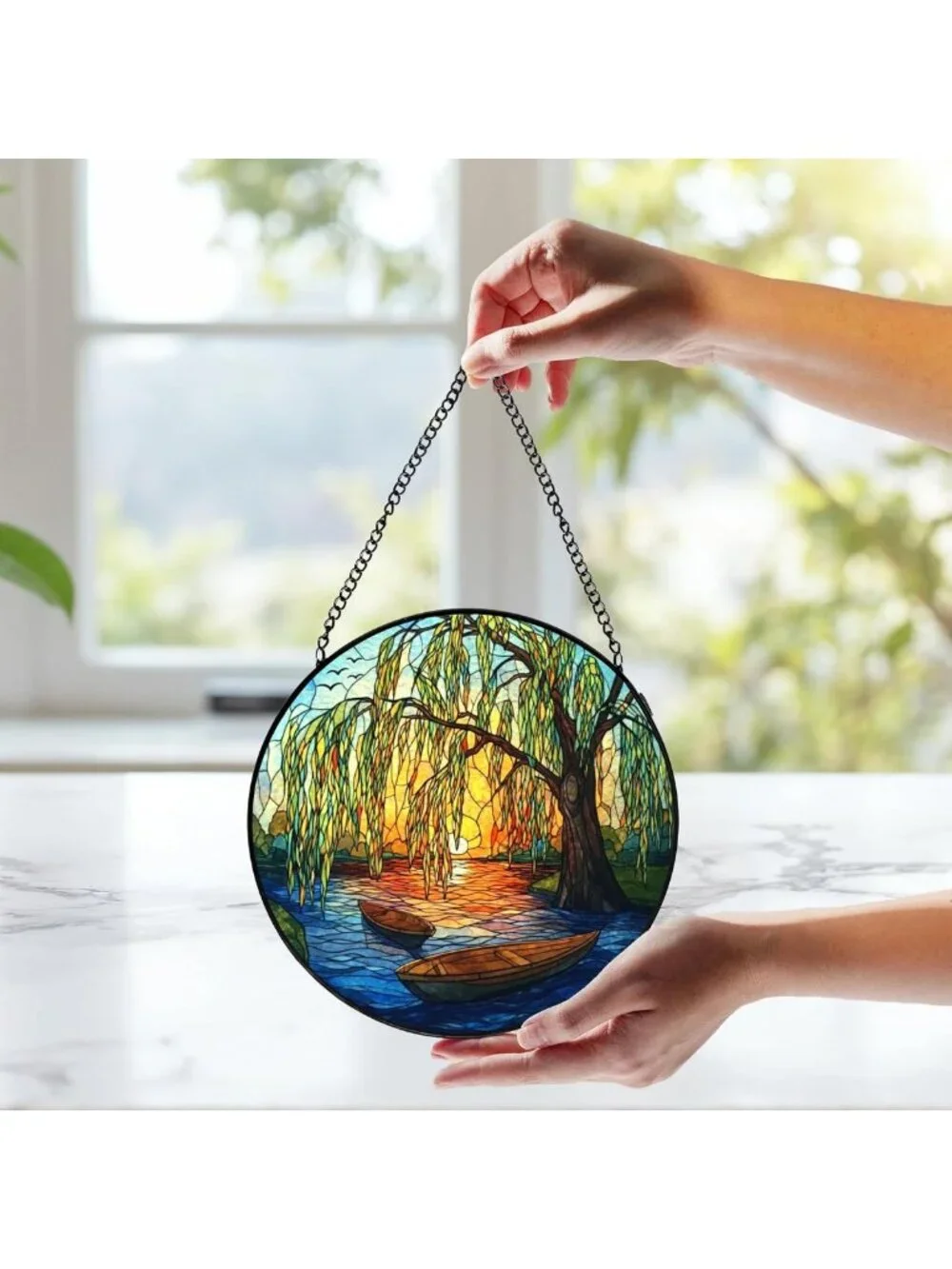 Stained Glass Weeping Willow Suncatcher - Nature Lover Gift, 7.9x7.9in Decor